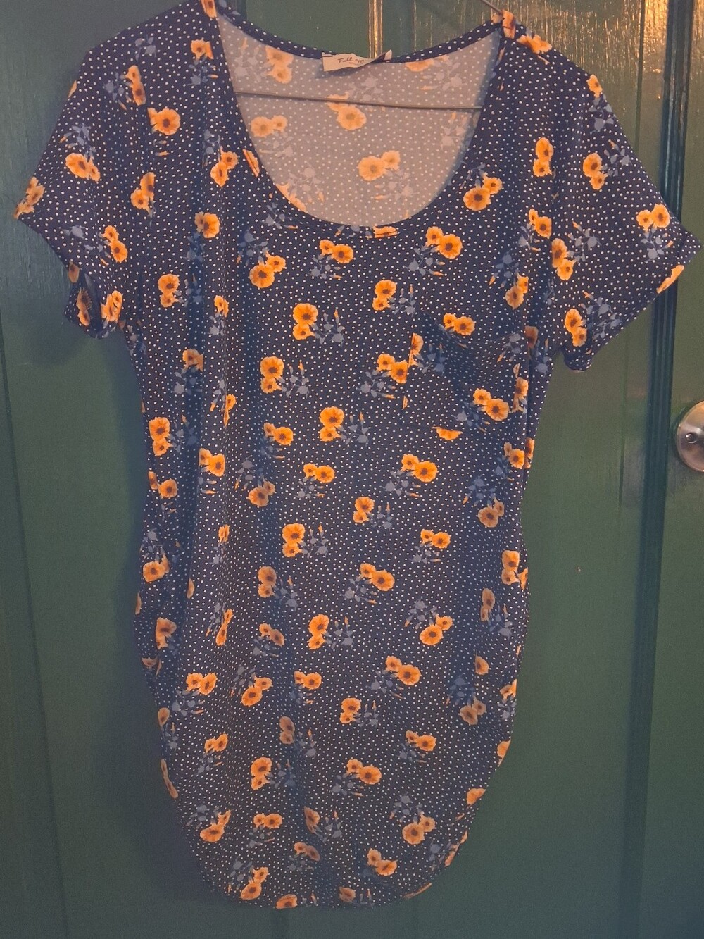 Navy Blue Floral/Polka Dot Single Pocket Maternity Blouse with Yellow Pansies